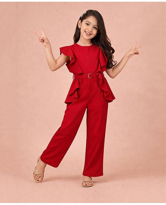 Buy Piccolo Satin Woven Sleeveless Ruffle Detailed Jumpsuit - Red