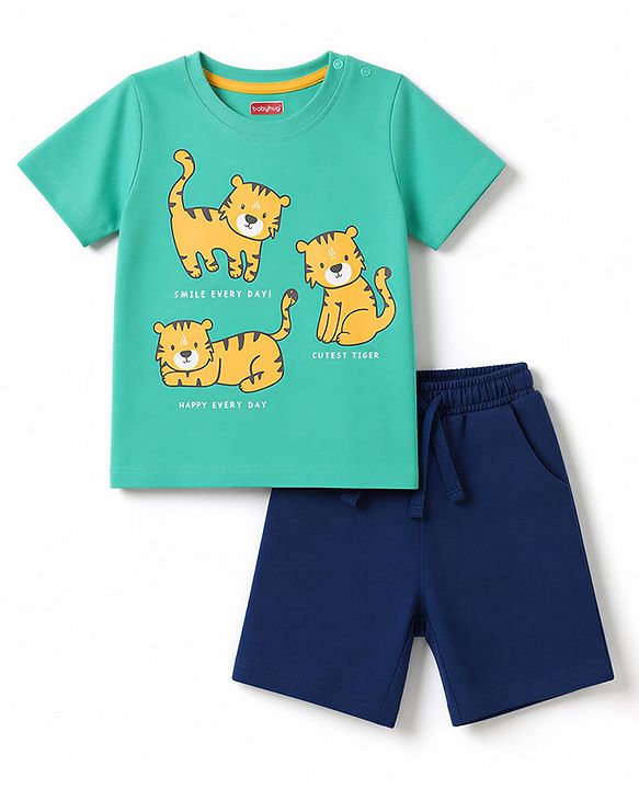 Babyhug Single Jersey Knit Half Sleeves Cub Printed T-Shirt & Shorts Set - Mint