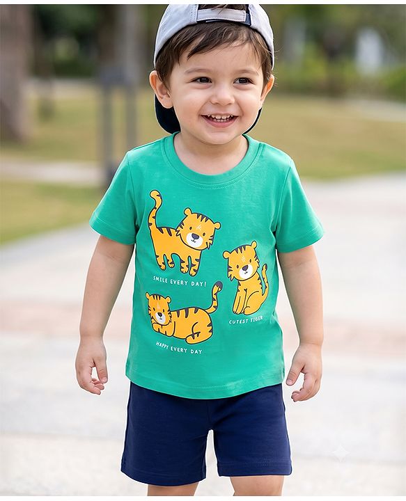 Babyhug Single Jersey Knit Half Sleeves Cub Printed T-Shirt & Shorts Set - Mint