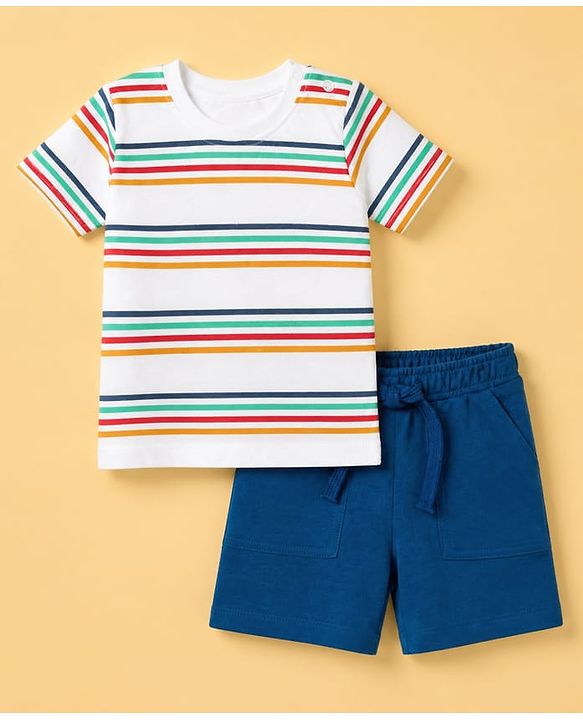 Babyhug 100% Cotton Single Jersey Knit Short & T-Shirt with Half Sleeves and Stripes Print - White, Blue