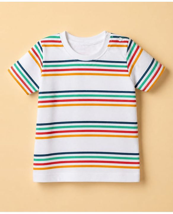 Babyhug 100% Cotton Single Jersey Knit Short & T-Shirt with Half Sleeves and Stripes Print - White, Blue