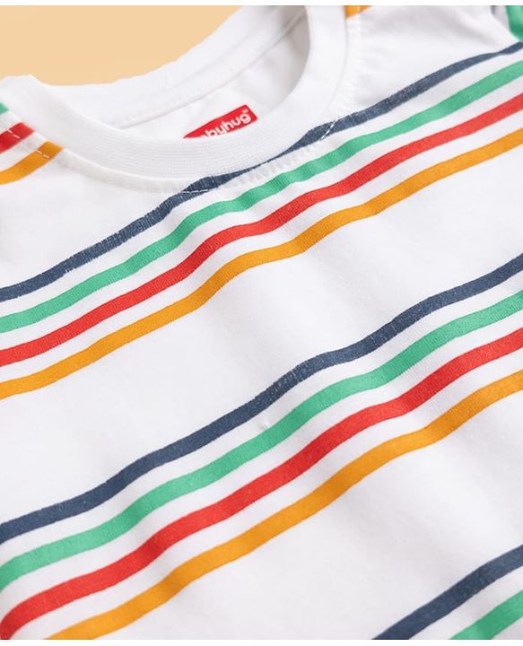 Babyhug 100% Cotton Single Jersey Knit Short & T-Shirt with Half Sleeves and Stripes Print - White, Blue