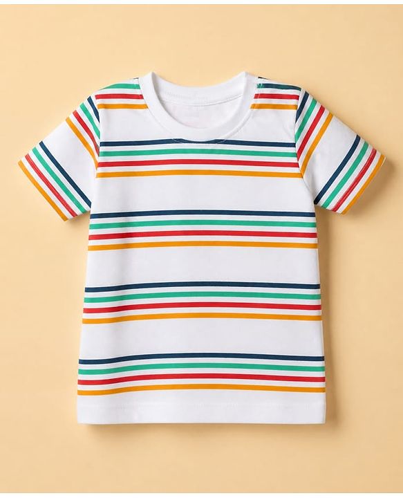 Babyhug 100% Cotton Single Jersey Knit Short & T-Shirt with Half Sleeves and Stripes Print - White, Blue