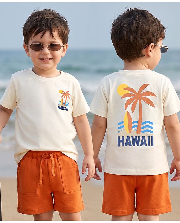 Babyhug 100% Cotton Single Jersey Knit Half Sleeves T-Shirt and Shorts with Palm Tree Print - White