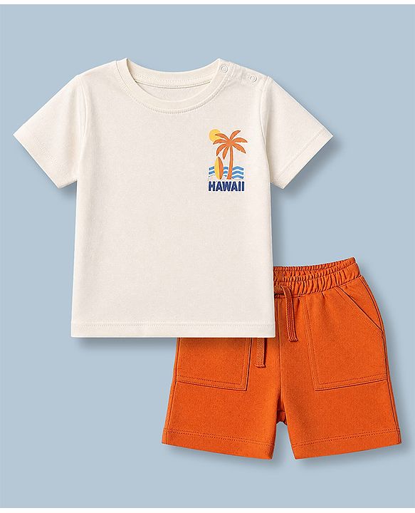 Babyhug 100% Cotton Single Jersey Knit Half Sleeves T-Shirt and Shorts with Palm Tree Print - White