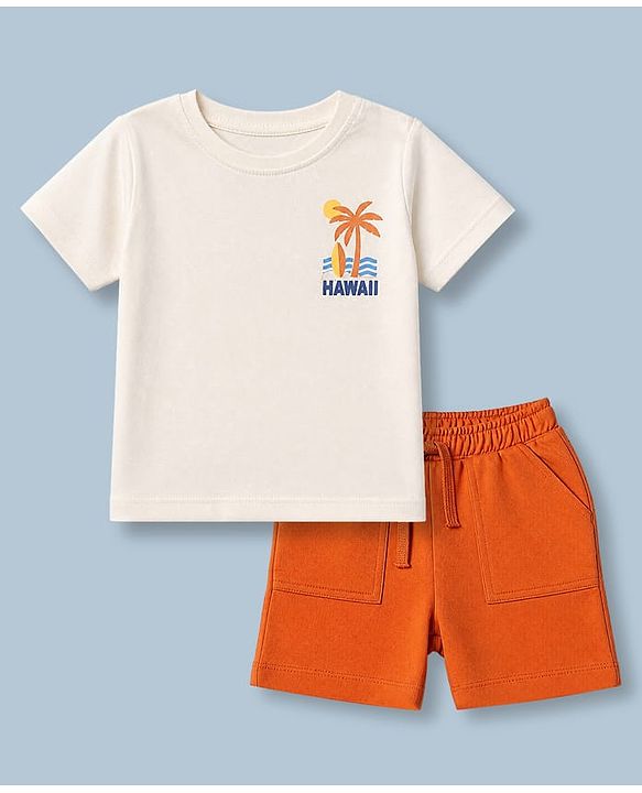 Babyhug 100% Cotton Single Jersey Knit Half Sleeves T-Shirt and Shorts with Palm Tree Print - White