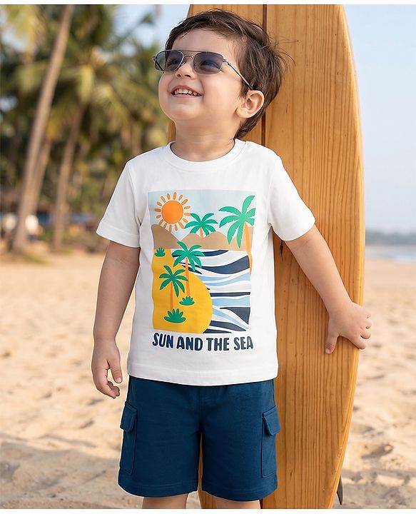 Babyhug Single Jersey Knit Half Sleeves Sunny Day Printed T-Shirt & Shorts Set - White