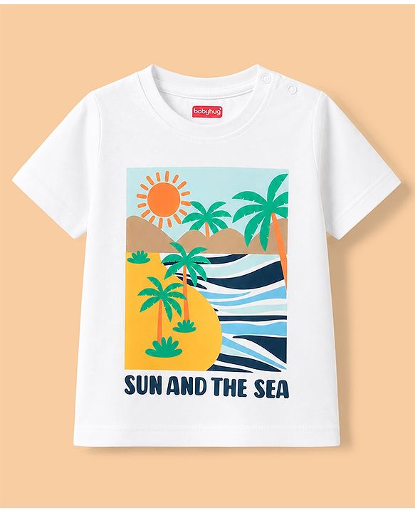 Babyhug Single Jersey Knit Half Sleeves Sunny Day Printed T-Shirt & Shorts Set - White