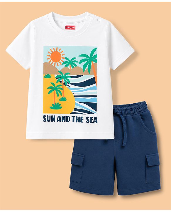 Babyhug Single Jersey Knit Half Sleeves Sunny Day Printed T-Shirt & Shorts Set - White