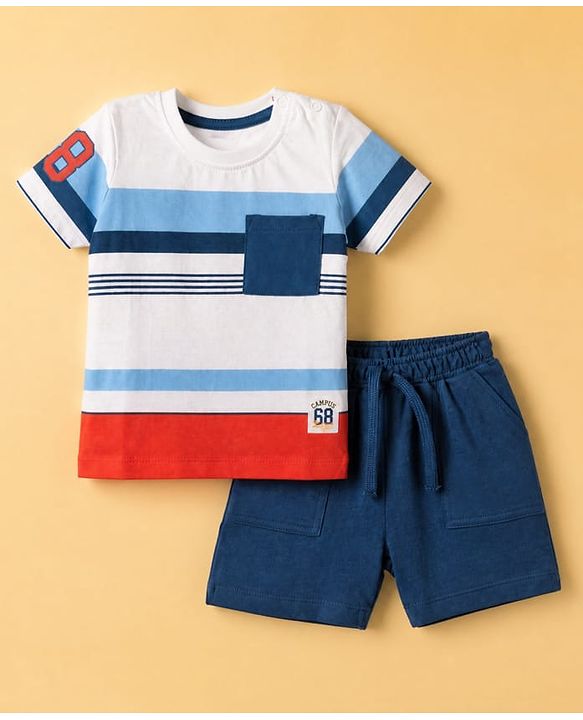 Babyhug 100% Cotton Single Jersey Knit Half Sleeves T-Shirt and Shorts with Stripes and 68 Text Print - White