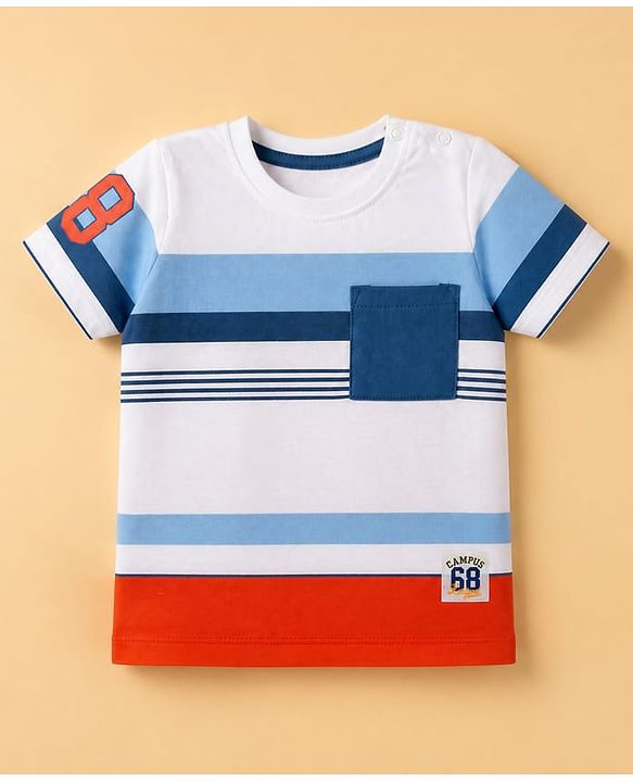 Babyhug 100% Cotton Single Jersey Knit Half Sleeves T-Shirt and Shorts with Stripes and 68 Text Print - White