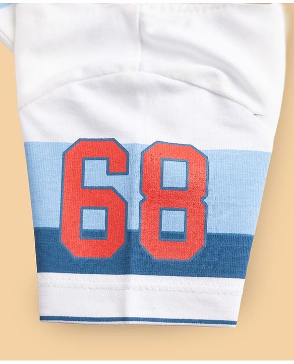 Babyhug 100% Cotton Single Jersey Knit Half Sleeves T-Shirt and Shorts with Stripes and 68 Text Print - White