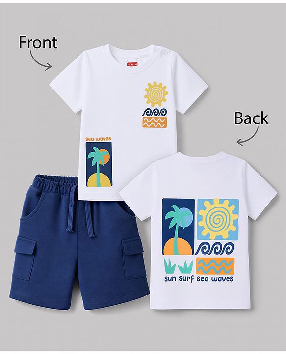 Babyhug 100% Cotton Knit Half Sleeves Beach Theme Printed T-Shirt & Shorts Set -White & Blue