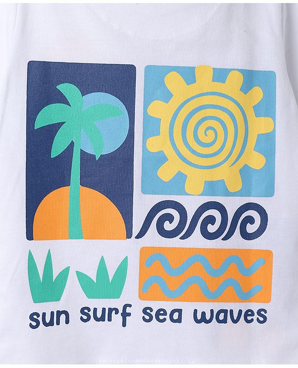 Babyhug 100% Cotton Knit Half Sleeves Beach Theme Printed T-Shirt & Shorts Set -White & Blue