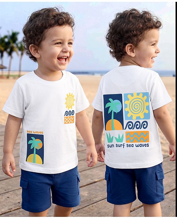 Babyhug 100% Cotton Knit Half Sleeves Beach Theme Printed T-Shirt & Shorts Set -White & Blue
