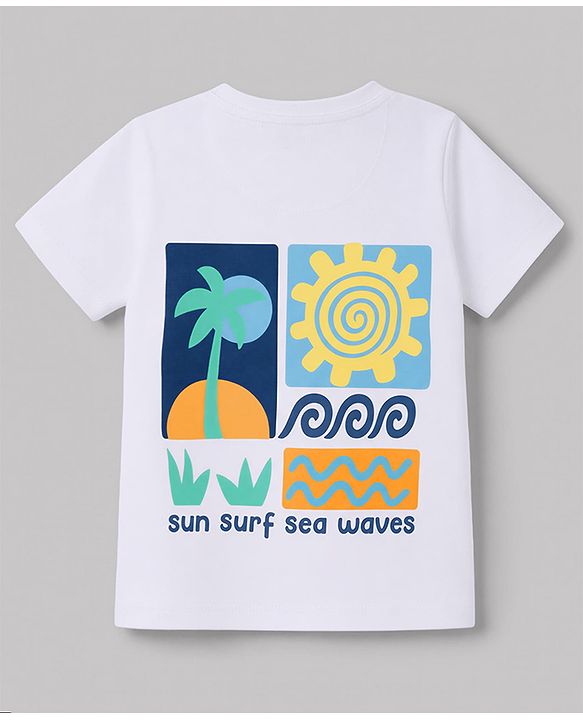 Babyhug 100% Cotton Knit Half Sleeves Beach Theme Printed T-Shirt & Shorts Set -White & Blue