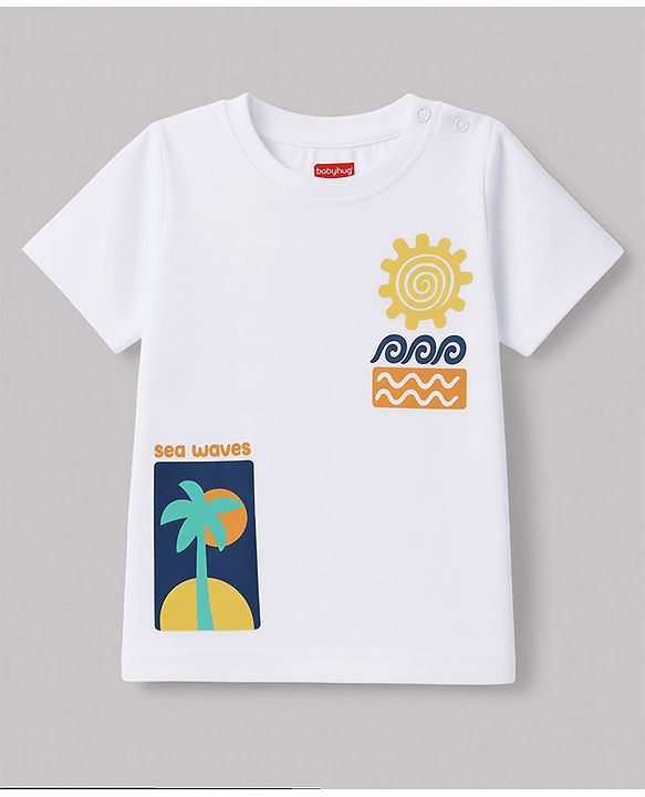 Babyhug 100% Cotton Knit Half Sleeves Beach Theme Printed T-Shirt & Shorts Set -White & Blue