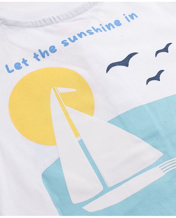 Babyhug 100% Cotton Single Jersey Knit Half Sleeves T-Shirt With Boat Print & Shorts Set - White & Blue