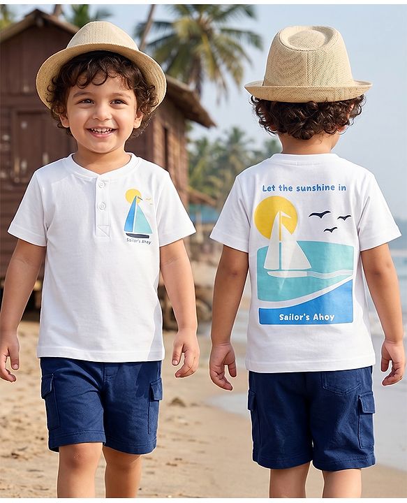 Babyhug 100% Cotton Single Jersey Knit Half Sleeves T-Shirt With Boat Print & Shorts Set - White & Blue
