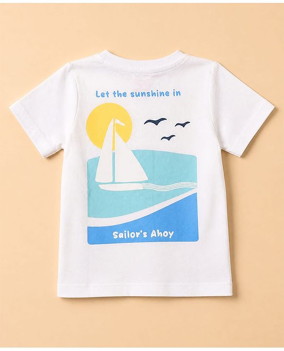 Babyhug 100% Cotton Single Jersey Knit Half Sleeves T-Shirt With Boat Print & Shorts Set - White & Blue