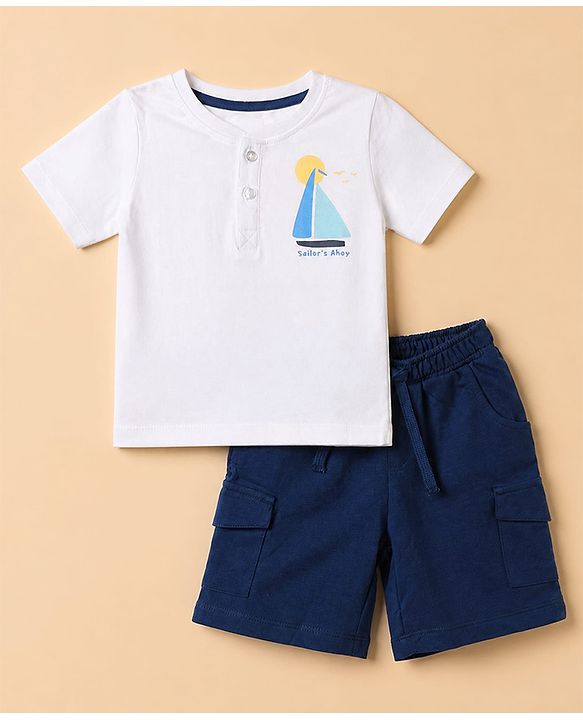 Babyhug 100% Cotton Single Jersey Knit Half Sleeves T-Shirt With Boat Print & Shorts Set - White & Blue