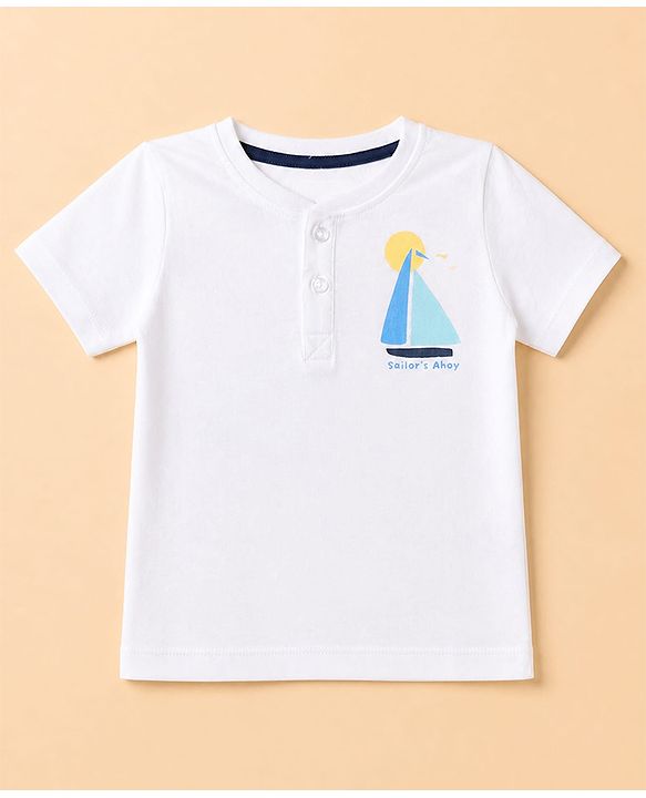 Babyhug 100% Cotton Single Jersey Knit Half Sleeves T-Shirt With Boat Print & Shorts Set - White & Blue