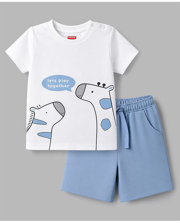 Babyhug Single Jersey Knit Half Sleeves Giraffe Printed T-Shirt & Shorts Set - White