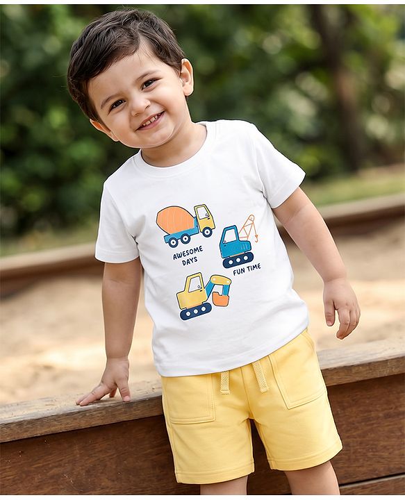 Babyhug 100% Cotton Single Jersey Knit Half Sleeves JCB Printed T-Shirt & Shorts Set - White