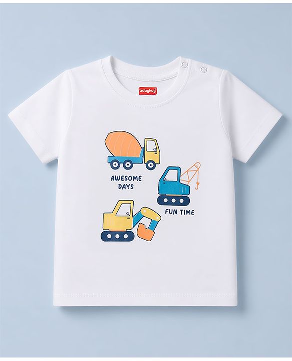 Babyhug 100% Cotton Single Jersey Knit Half Sleeves JCB Printed T-Shirt & Shorts Set - White
