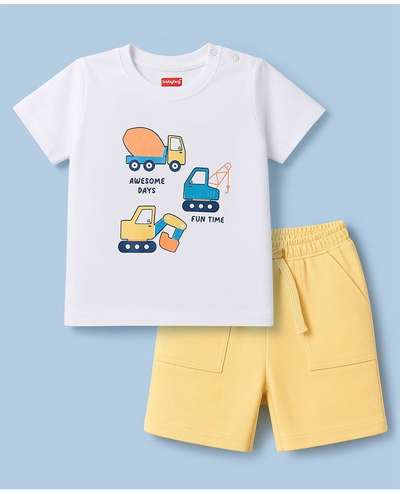 Babyhug 100% Cotton Single Jersey Knit Half Sleeves JCB Printed T-Shirt & Shorts Set - White