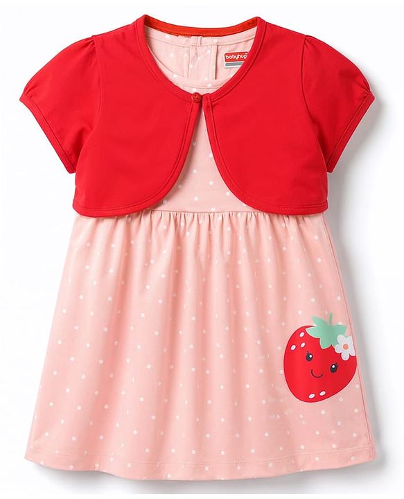 Babyhug Knit Half Sleeves Shrug With Strawberry Printed Frock - Pink