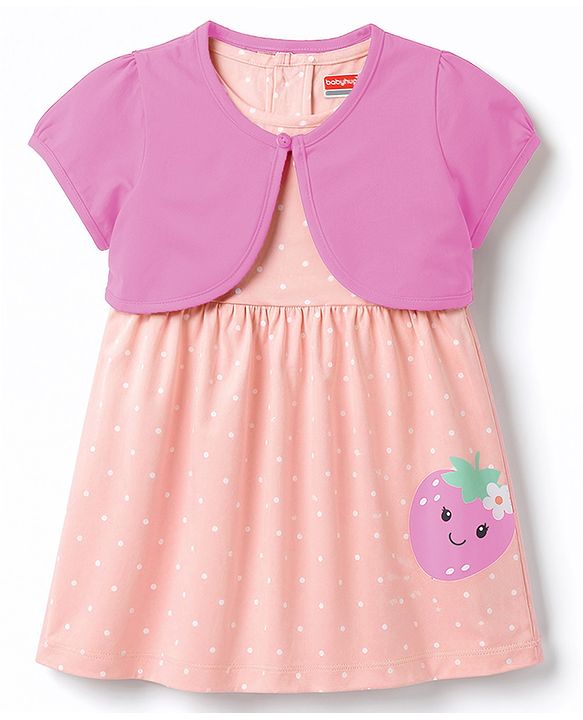 Babyhug Knit Half Sleeves Shrug With Strawberry Printed Frock - Pink