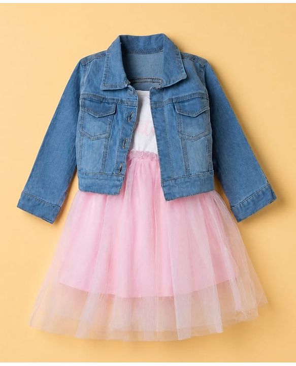 Babyhug Cotton Knit Frock with Full Sleeves Jacket Text Print - Pink