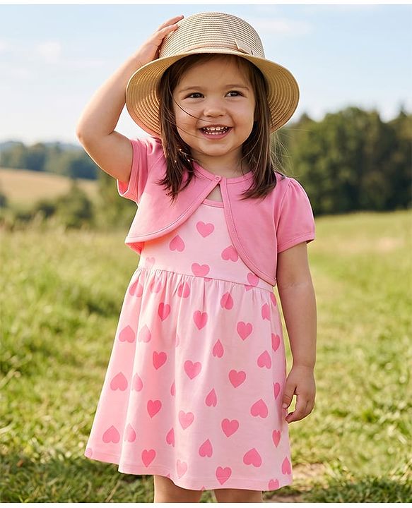 Babyhug Cotton Knit Half Sleeves Heart Printed Frock with Shrug - Pink