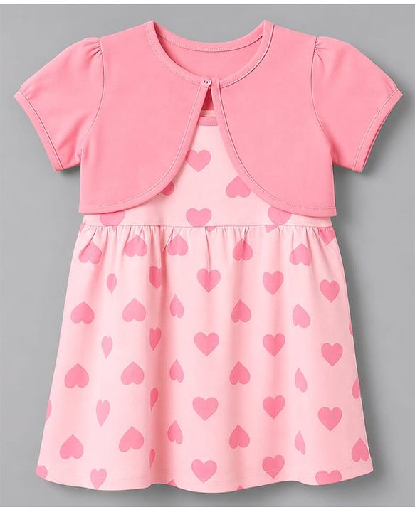 Babyhug Cotton Knit Half Sleeves Heart Printed Frock with Shrug - Pink