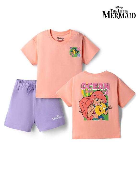 Babyhug Disney Single Jersey Knit Half Sleeve T-Shirt & Shorts With Disney Princess Front And Back Graphic - Pink & Lavender