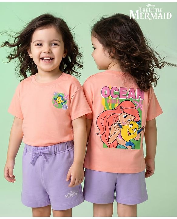 Babyhug Disney Single Jersey Knit Half Sleeve T-Shirt & Shorts With Disney Princess Front And Back Graphic - Pink & Lavender