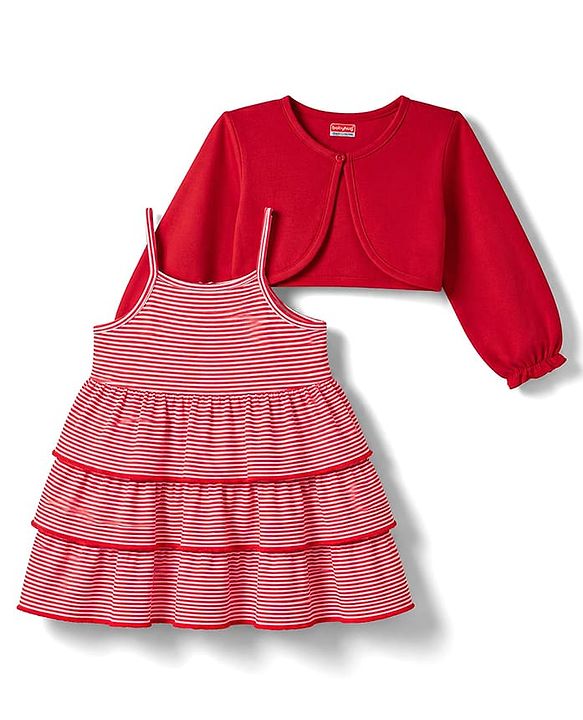Babyhug Single Jersey Knit Full Sleeves Striped Frock with Shrug - Red