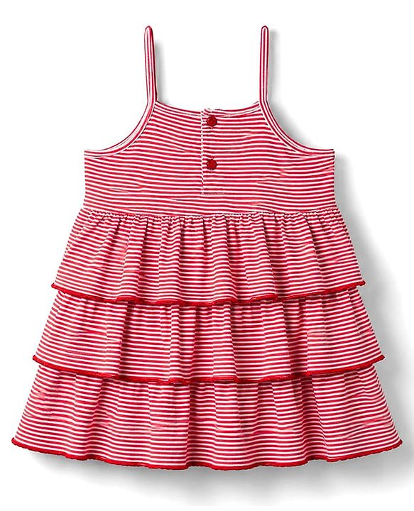 Babyhug Single Jersey Knit Full Sleeves Striped Frock with Shrug - Red