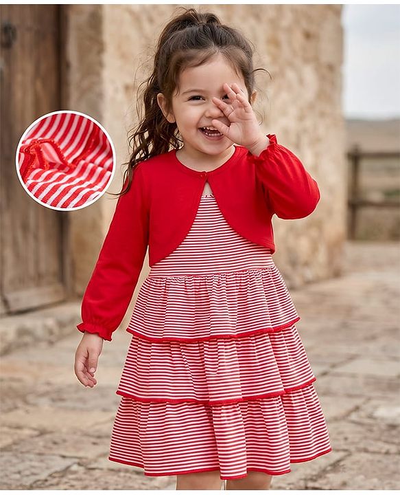 Babyhug Single Jersey Knit Full Sleeves Striped Frock with Shrug - Red