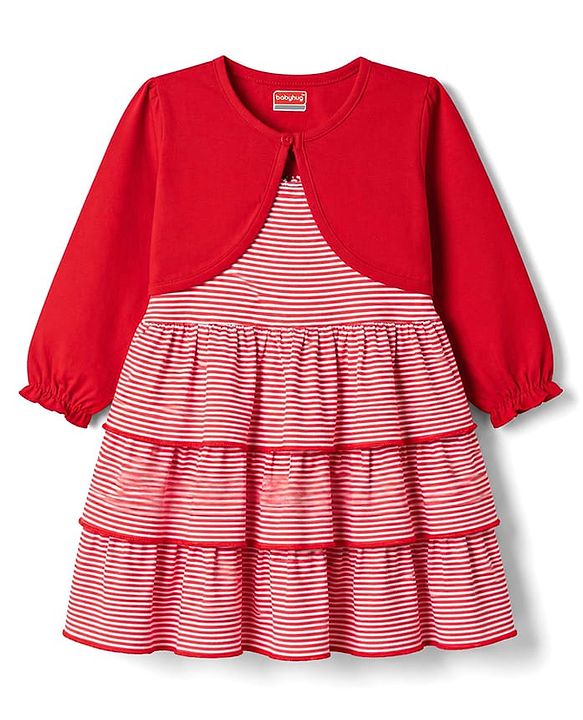 Babyhug Single Jersey Knit Full Sleeves Striped Frock with Shrug - Red