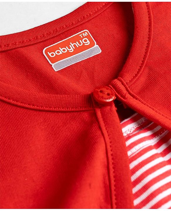 Babyhug Single Jersey Knit Full Sleeves Striped Frock with Shrug - Red