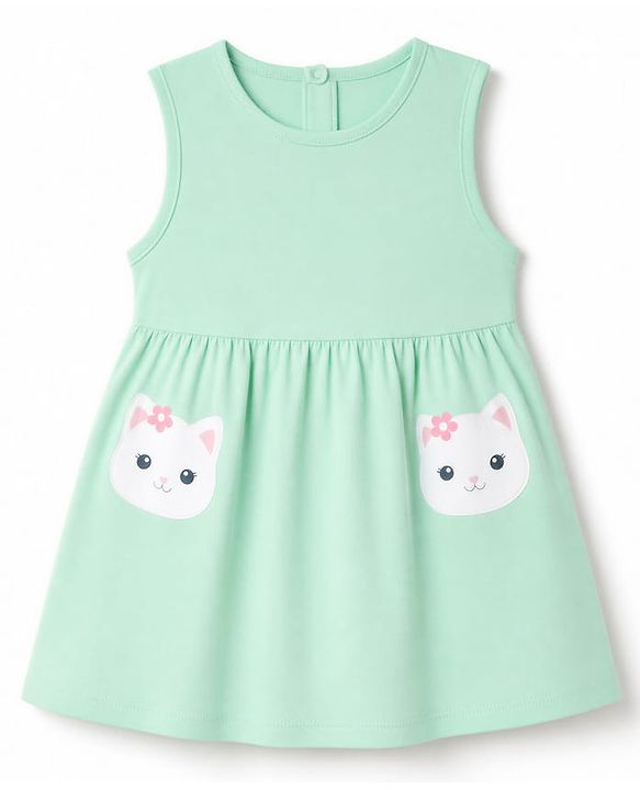 Babyhug Single Jersey Knit Half Sleeves Cat Printed Frock With Shrug - Green