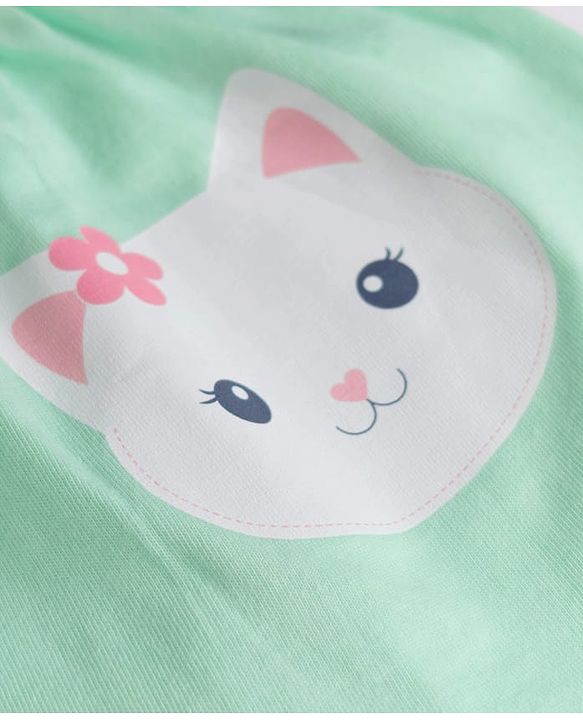 Babyhug Single Jersey Knit Half Sleeves Cat Printed Frock With Shrug - Green