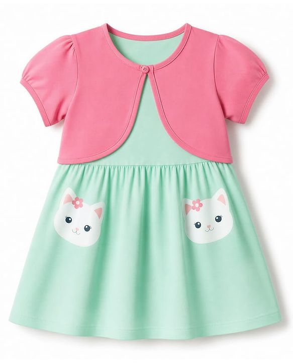 Babyhug Single Jersey Knit Half Sleeves Cat Printed Frock With Shrug - Green