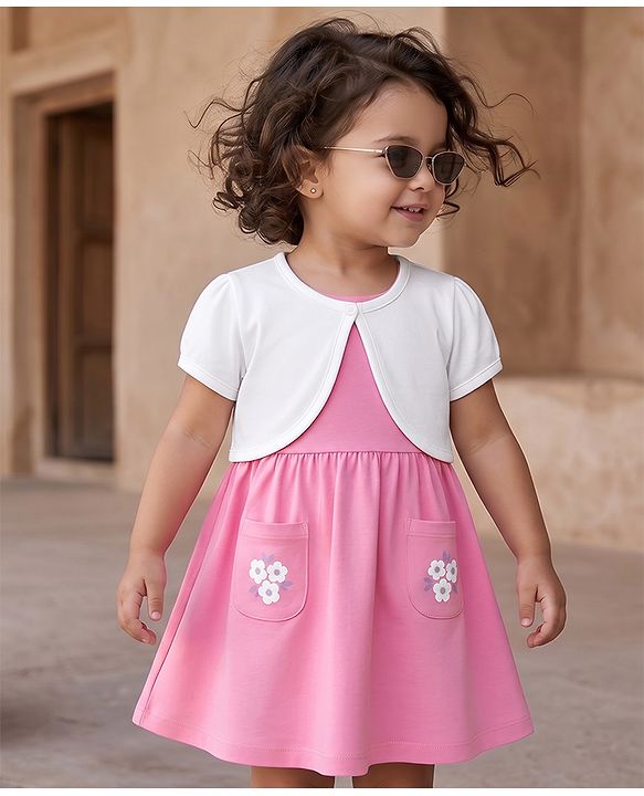 Babyhug Single Jersey Knit Half Sleeves Floral Printed Frock with Shrug - Pink
