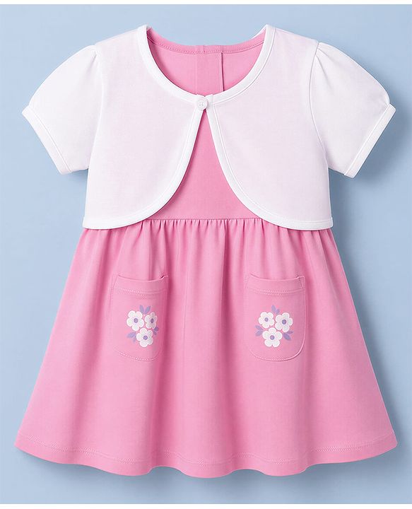 Babyhug Single Jersey Knit Half Sleeves Floral Printed Frock with Shrug - Pink
