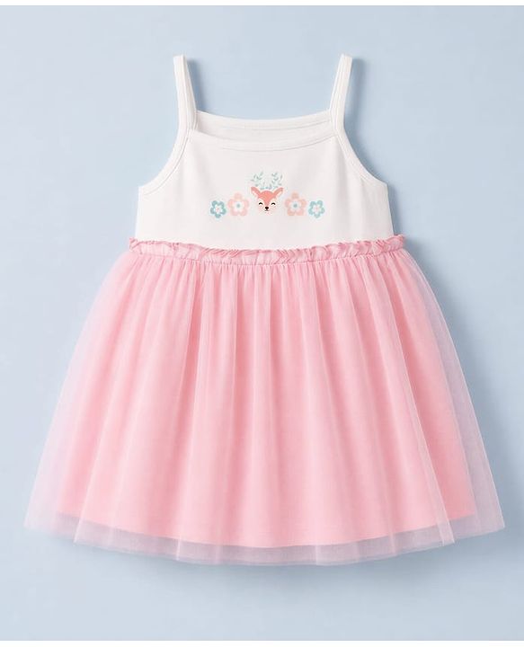 Babyhug Cotton Knit Half Sleeves Frock with Shrug & Deer Floral Print - Pink