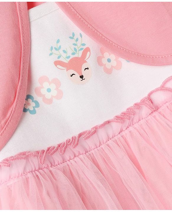 Babyhug Cotton Knit Half Sleeves Frock with Shrug & Deer Floral Print - Pink