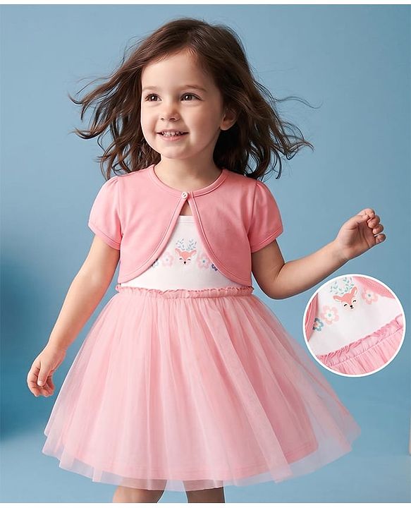 Babyhug Cotton Knit Half Sleeves Frock with Shrug & Deer Floral Print - Pink